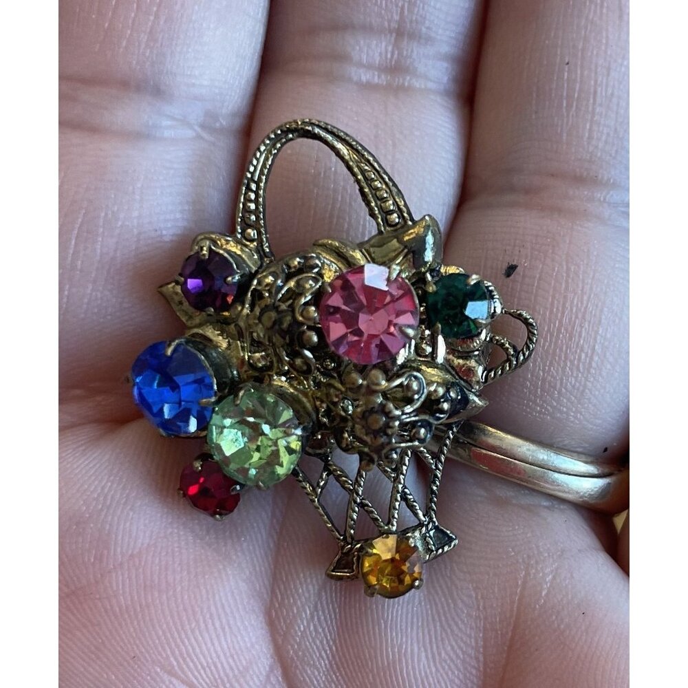 Vintage Multicolored Crystal‎ Rhinestone Brass Tones Flower Basket Pin Brooch
